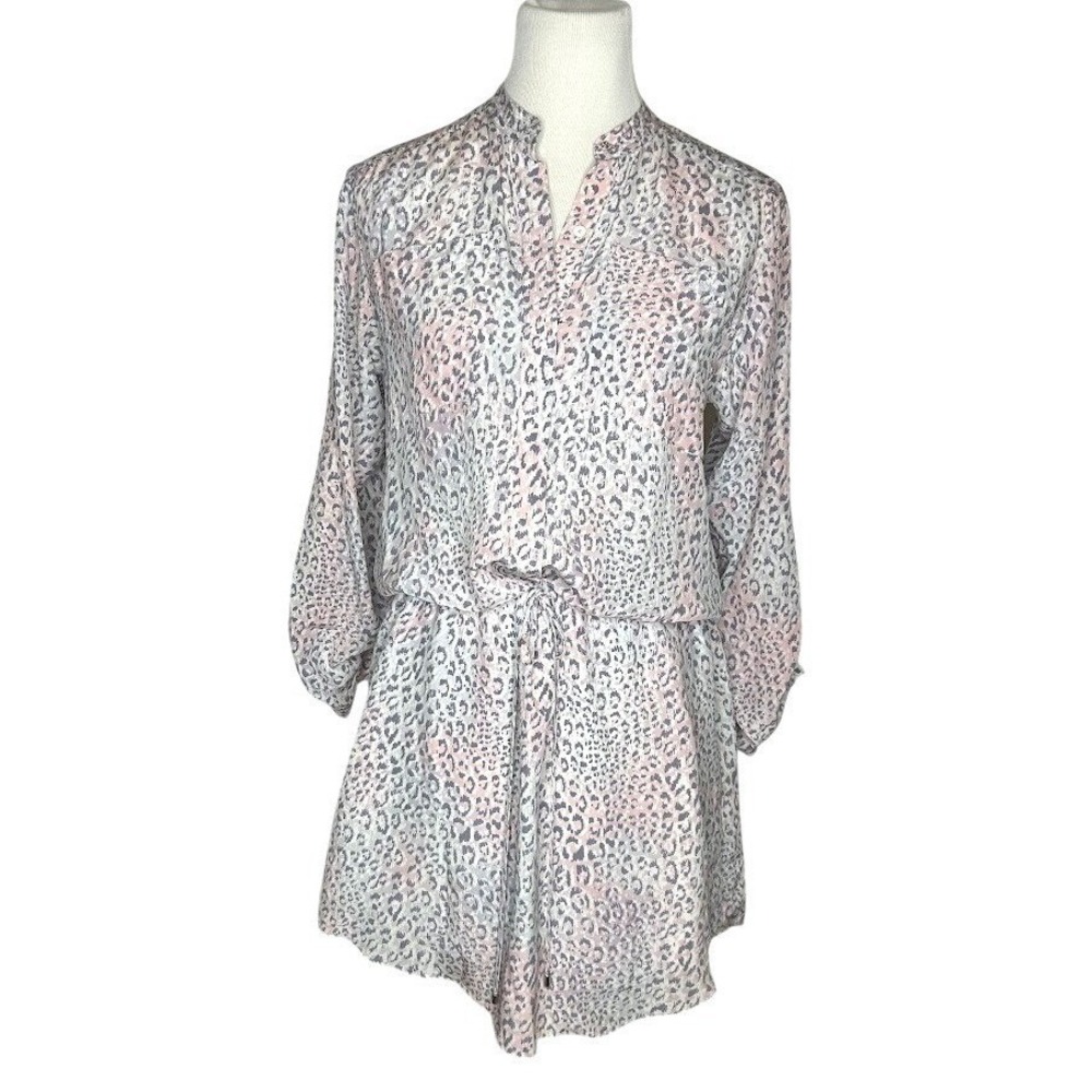 Rebecca Taylor Leopard Print Shirt Dress Grey Mauve Drawstring Waist Size 2